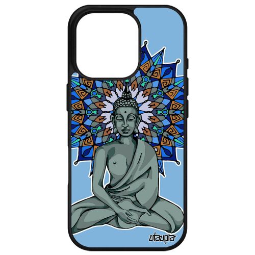 Coque De Protection Pour Apple Iphone 16 Pro Silicone Bouddha Pochoir Bleu Mandala Tibet Zen 256 Go Sagesse Fantaisie Rosace Noir Image