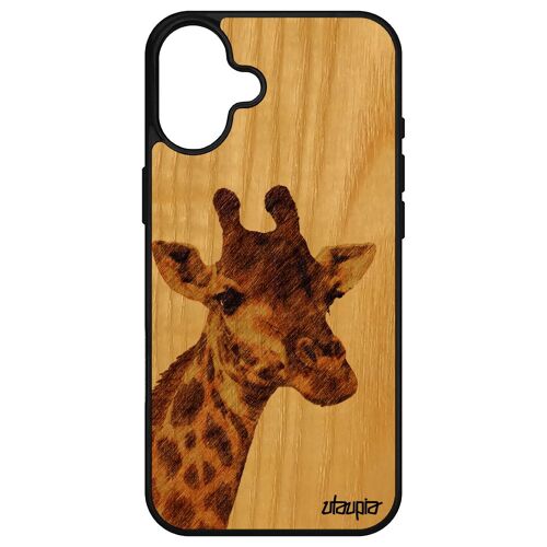 Coque Pour Apple Iphone 16+ Plus Bois Silicone Girafe Noir Jolie Animal Tache Dessin Afrique Marron Design Telephone Nature Savane Rigide