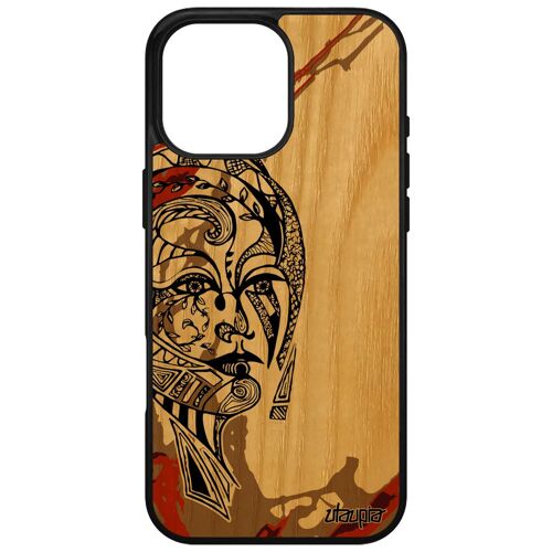 Coque Pour Iphone 16 Pro Max Bois Silicone Femme Dessin Frêne Ethnique Marron Azteque Antichoc Fille Feerique Tribal Portable Fleur Apple