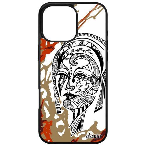 Coque De Protection Pour Apple Iphone 16 Pro Max En Silicone Femme Peinture Ethnique Noir Portrait Art Tribal Impression Arbre Fleur