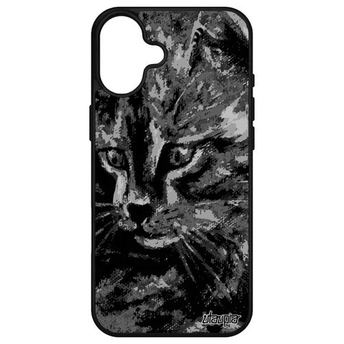 Coque Chat Pour Iphone 16+ Plus Silicone Minou Mignon Portable Moustache Gris Antichoc Telephone Chaton Cover Felin Artiste Dessin Apple