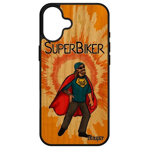 Coque Pour Iphone 16+ Plus Bois Silicone Super Biker Motard Humoristique Bd Personnalisé Drole Telephone Noir Comics Humour De Apple