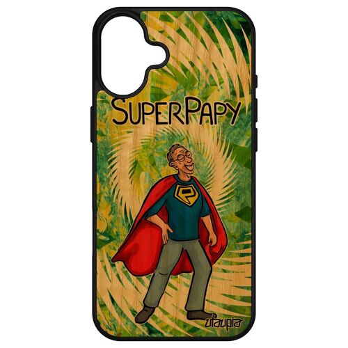 Coque Pour Apple Iphone 16+ Plus Bois Naturel Silicone Super Papy Naissance Fille 4g Dessin Antichoc Telephone Heros Comique Comics Texte