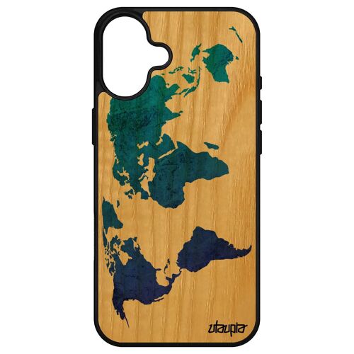 Coque Pour Apple Iphone 16+ Plus Bois Naturel Veritable Silicone Carte Monde 512 Go Bleu Cadeau Noir Effet Gel Geographie Rigide Globe De