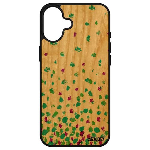 Coque En Bois Silicone Pour Iphone 16+ Plus Et Confettis Pois Effet 4g Telephone Noir Motif Fond Fait Main Petales Romantique Frêne Apple