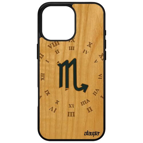 Coque Silicone Signe Scorpion Pour Iphone 16 Pro Max En Bois Design Univers Horoscope Etoiles Du Zodiaque Horloge Astrologique Apple