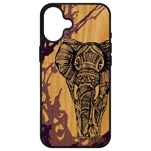 Coque Pour Apple Iphone 16+ Plus Bois Silicone Elephant Sagesse Tribal Animal Ethnique Housse Violet Azteque Case Motif 4g Dessin D'asie
