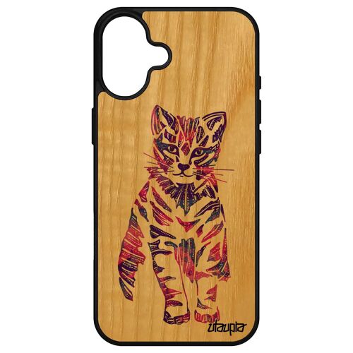 Coque Pour Apple Iphone 16+ Plus En Bois Silicone Chat Tribal Azteque Dessin De Protection Mignon Animaux Multicolore 4g Ethnique Felin