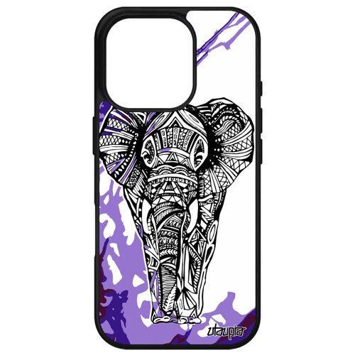 Coque Pour Apple Iphone 16 Pro Silicone Elephant Antichoc Azteque Motif Art Pas Cher Arbre D'afrique Peinture Fantaisie Case Violet Gel
