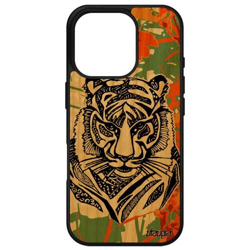 Coque Bois Pour Iphone 16 Pro Silicone Tigre Telephone Ethnique Dessin Etui Noir Cover Tribal Orange Felin Personnalisé Syberie De Apple
