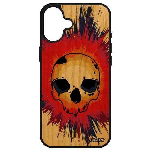Coque En Bois Pour Apple Iphone 16+ Plus Silicone Tete De Mort Squelette Rock Crane Masque Coloré Street Art Rigide Housse Cadeau De Noel