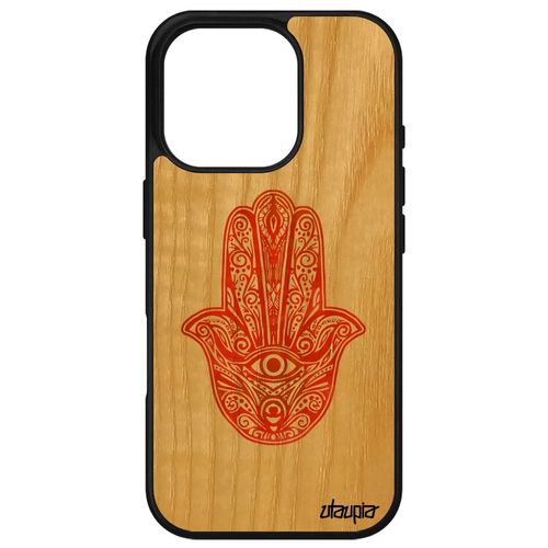 Coque Main De Fatma Antichoc Pour Iphone 16 Pro Bois Silicone Orange Telephone Fatima Cover Talisman Symbole Portable 4g Fille ?il Apple