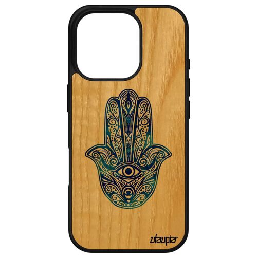 Coque Silicone Pour Apple Iphone 16 Pro En Bois Main De Fatma La Hamsa Afrique Du Nord Housse Porte Bonheur Bleu Cadeau Aid Al-Kabîr Noir
