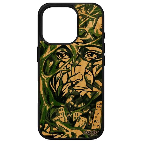 Coque Pour Iphone 16 Pro Bois Silicone Portrait Street Art Case Immeubles Cadeau Visage 4g De Protection Abstrait Vert Dessin Apple