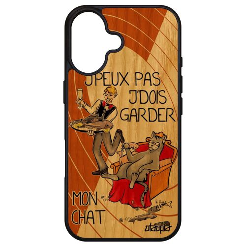 Coque bois pour iPhone 16 silicone j'peux pas j'dois garder mon chat humour drole humoristique jpeux animaux mobile cover orange de Apple