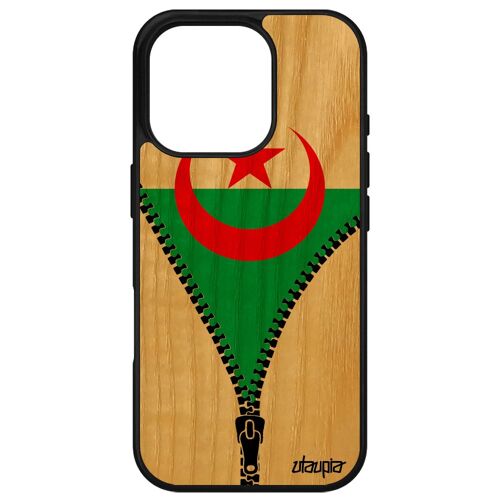 Coque Bois Silicone Pour Iphone 16 Pro Drapeau Algerie Algerien Frêne Coupe Du Monde Case Can Antichoc Football Jo Made In France Apple