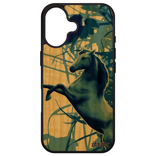 Coque Cheval Pour Apple Iphone 16 En Bois Silicone Feuilles Housse Etui Design Nature Poulain Animaux Animal Equitation Bumper Poney Bleu