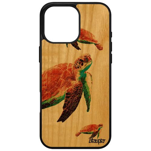Coque bois silicone tortue pour iPhone 16 pro max 4G geante animal original animaux nature peinture gel antichoc case jeu. orange Apple