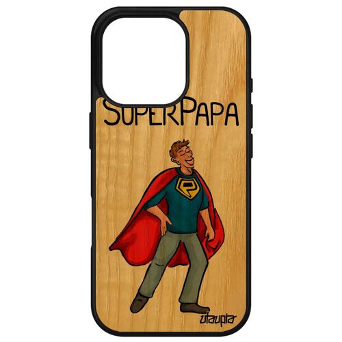 Coque Super Papa Telephone Pour Iphone 16 Pro En Vrai Bois Silicone Naissance Garcon Comics Heros Humour Motif Drole Texte 4g Père Apple