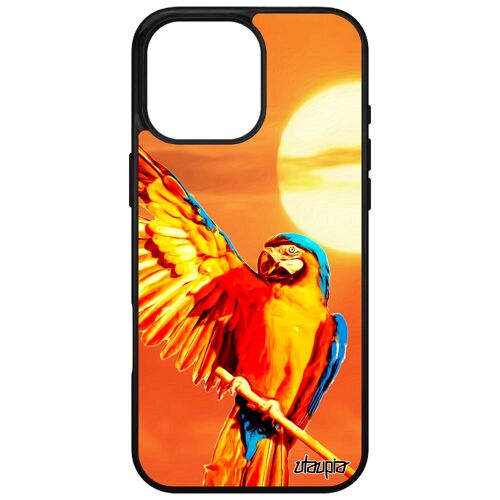 Coque Pour Apple Iphone 16 Pro Max Silicone Perroquet Tropical Design Couché De Soleil Ciel Oiseau Noir Orange Mobile Made In France