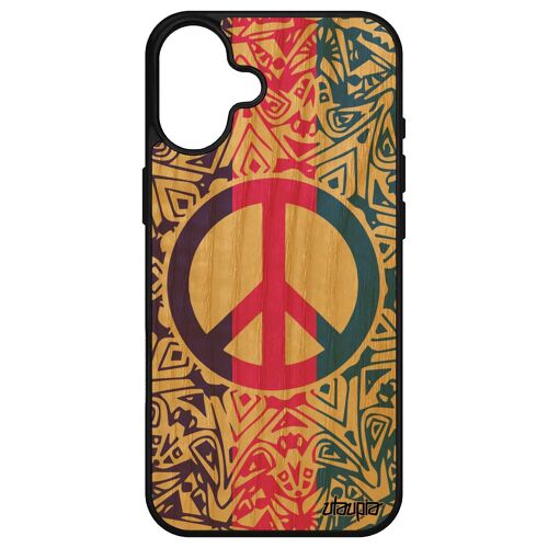 Coque Bois Silicone Peace And Love Pour Iphone 16+ Plus Mobile Paix Et Amour De Protection Hippie Mandala Cadeau De Noel Rosace & Apple