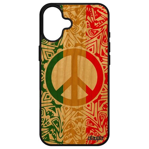 Coque Silicone Pour Iphone 16+ Plus En Bois Veritable Peace And Love Jaune Reggae Mobile Rasta Jamaique Ragga Portable Antichoc & Apple