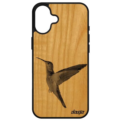 Coque Bois Pour Iphone 16+ Plus Silicone Colibri Tpu Ecolo Peinture Nature Etui Plumes Oiseau Noir Dessin Design Ecologie Animal De Apple