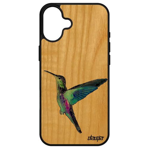 Coque Pour Apple Iphone 16+ Plus Bois Veritable Silicone Colibri Nature Portable Rigide Design Plumes Etui Animaux Dessin Animal De