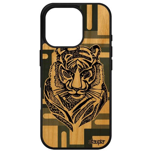 Coque En Bois Pour Iphone 16 Pro Silicone Tigre Fauve Noir Bengal Telephone Personnalisé Ethnique Garcon Animal Gris Azteque Apple