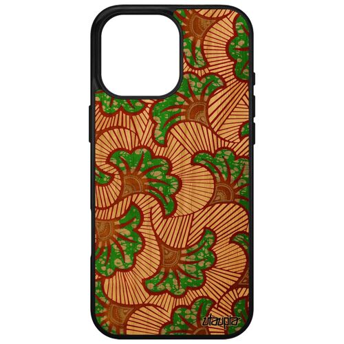Coque Pour Apple Iphone 16 Pro Max Bois Silicone Wax Etui Afrique Rigide Frêne Tissu Coloré Africain Vert Noir Motif Ethnique Design