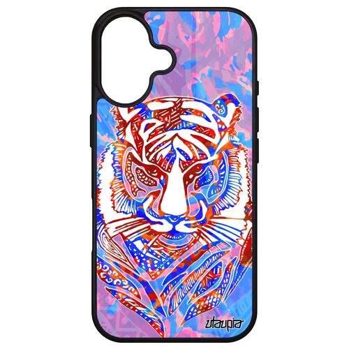 Coque Silicone Pour Apple Iphone 16 Tigre Fauve Pastel Mobile Tasmanie Case Etui Feroce Garcon Tattoo Tribal Couleur Sauvage Bleu Azteque