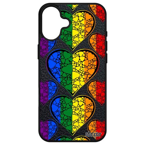 Coque Pour Iphone 16+ Plus Silicone Drapeau Gay Pride Lgbt Rainbow Smartphone Marche Des Fiertés I Love Coeur Parade Telephone Noir Apple