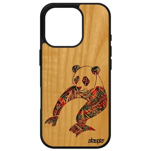 Coque En Bois Telephone Pour Apple Iphone 16 Pro Silicone Panda Tribal Dessin De Protection Pastel Cadeau De Noel Smartphone Ours Rouge