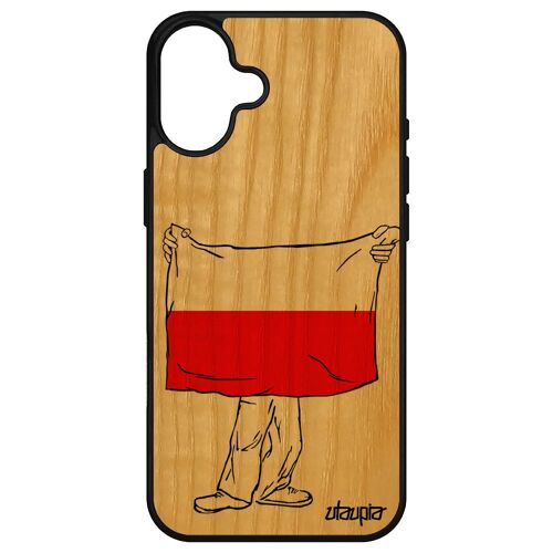 Coque Pour Apple Iphone 16+ Plus En Bois Silicone Drapeau Pologne Polonais Foot Euro Sport Jo Mobile Football Housse Case