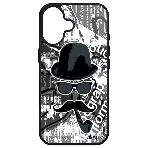 Coque Pour Apple Iphone 16 Silicone Moustache Personnalisé Vintage Tag Noir Et Blanc Caoutchouc Monsieur Chapeau Melon Pipe Peinture Gris