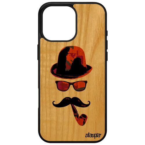 Coque Pour Apple Iphone 16 Pro Max Bois Silicone Monsieur Moustache Homme Telephone Street Art 4g Orange Vintage Pipe Chapeau Melon Case
