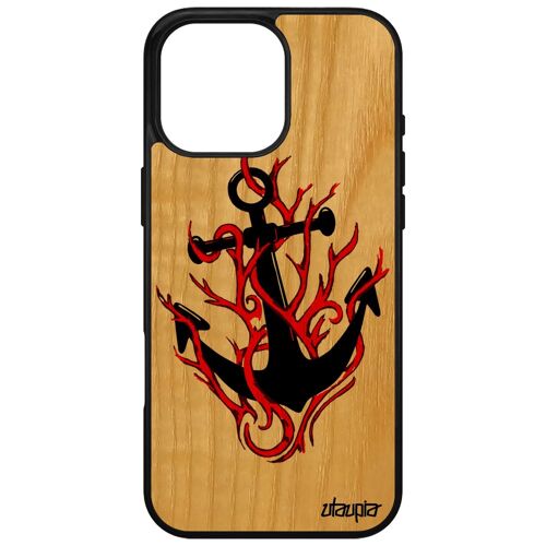 Coque Silicone Ancre Pour Apple Iphone 16 Pro Max En Bois Portable Fille Smartphone Flamme Tendance Vacances Rouge Gel De Bateau Jolie