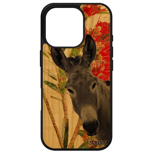 Coque Antichoc Pour Iphone 16 Pro Bois Silicone Ane Vert Anesse Mule Bourrique Fleurs Design Animaux Peinture Tetu Mobile Naturel Apple
