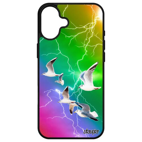 Coque Pour Iphone 16+ Plus Silicone Oiseaux Mouettes Mobile Jaune Eclair Mer Nature Multicolore Design Dessin Orage Telephone Apple