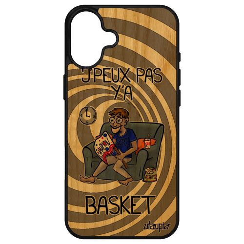 Coque J'peux Pas Y'a Basket Pour Apple Iphone 16+ Plus Bois Silicone Jpeux Frêne Texte Gris Supporter Humour Basketball Solide Tpu