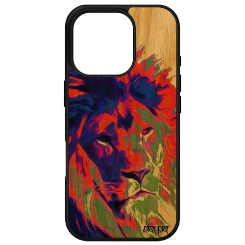 Coque Bois Lion Pour Iphone 16 Pro Silicone Animaux Lionne Roi Antichoc Animal Design Savane Pochoir Felin Orange Fauve 4g Housse Apple