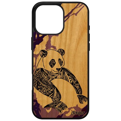 Coque Bois Pour Apple Iphone 16 Pro Max Silicone Panda Tribal Rigide Housse Azteque Ours Violet Ethnique Animal Chine Couleur Bumper Tpu