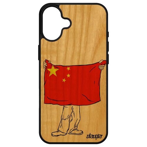 Coque Silicone Rigide Pour Iphone 16+ Plus En Bois Drapeau Chine Chinois 256 Go Foot Jo Coupe Du Monde Football Antichoc Basket De Apple