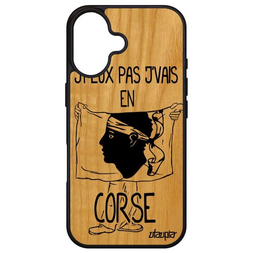 Coque En Bois Pour Apple Iphone 16 Et Silicone J'peux Pas J'vais En Corse Humour Foot Drapeau Noir Mobile Basket Football Frêne Telephone