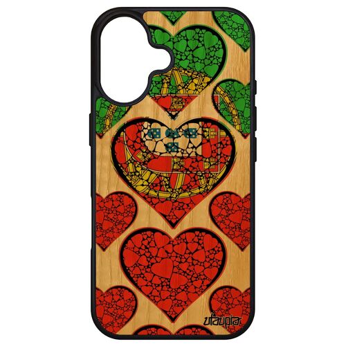 Coque Pour Iphone 16 En Bois Silicone Drapeau Portugal Portugais Foot Coeur Coupe D'europe Coupe Du Monde I Love Football Euro Jo Apple