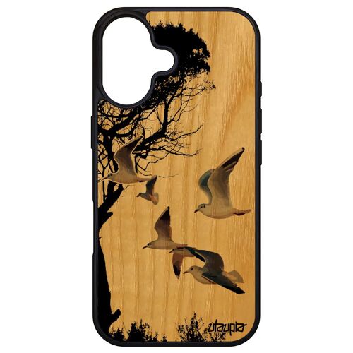 Coque Pour Iphone 16 Bois Silicone Oiseaux Mouettes Case Rigide Arbre Mer Animaux Gris Peinture Nature Noir Animal Design Marin De Apple