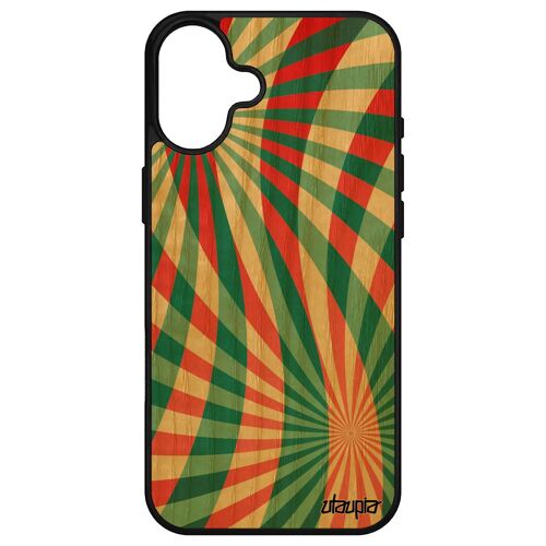 Coque En Bois Pour Apple Iphone 16+ Plus Silicone Illusion D'optique Pas Cher Case Artisanat Geometrie Rouge Texture Soleil Housse