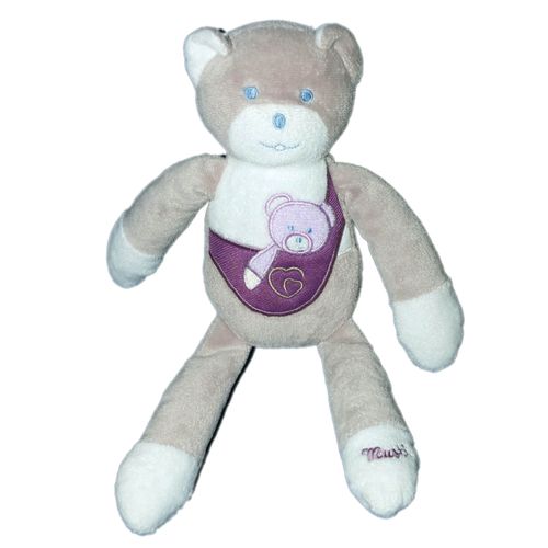 Doudou Ours Gris Violet Mauve Blanc Musti De Mustela. H 29 Cm