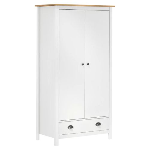 Armoire 2 Portes, 1 Tiroir, 1 Étagère, En Pin Massif Blanc, Robuste, Avec Barre De Suspension