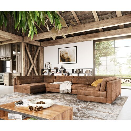 Canapé Elio imitation cuir vintage marron antique 400x185 cm XL canapé panoramique